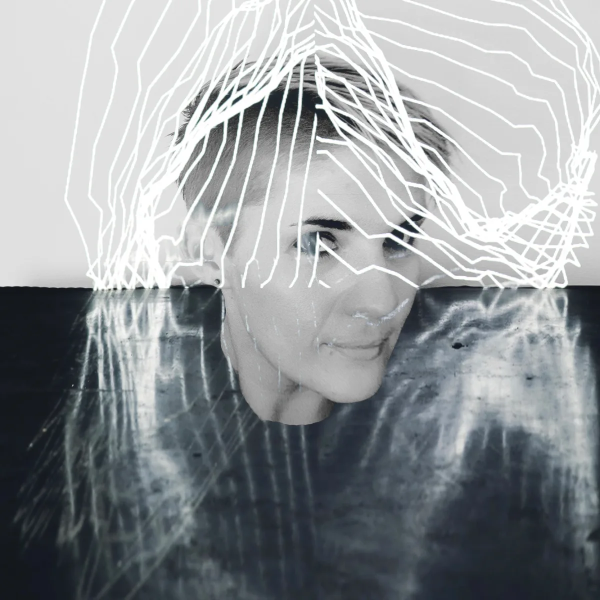 Bec Todd beneath a projected line drawing